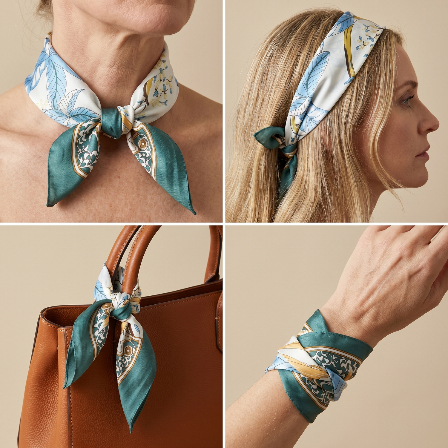 Roselys Paris foulard femme blanc vert fleuri carré satiné 70x70 cm, en bandeau dans les cheveux