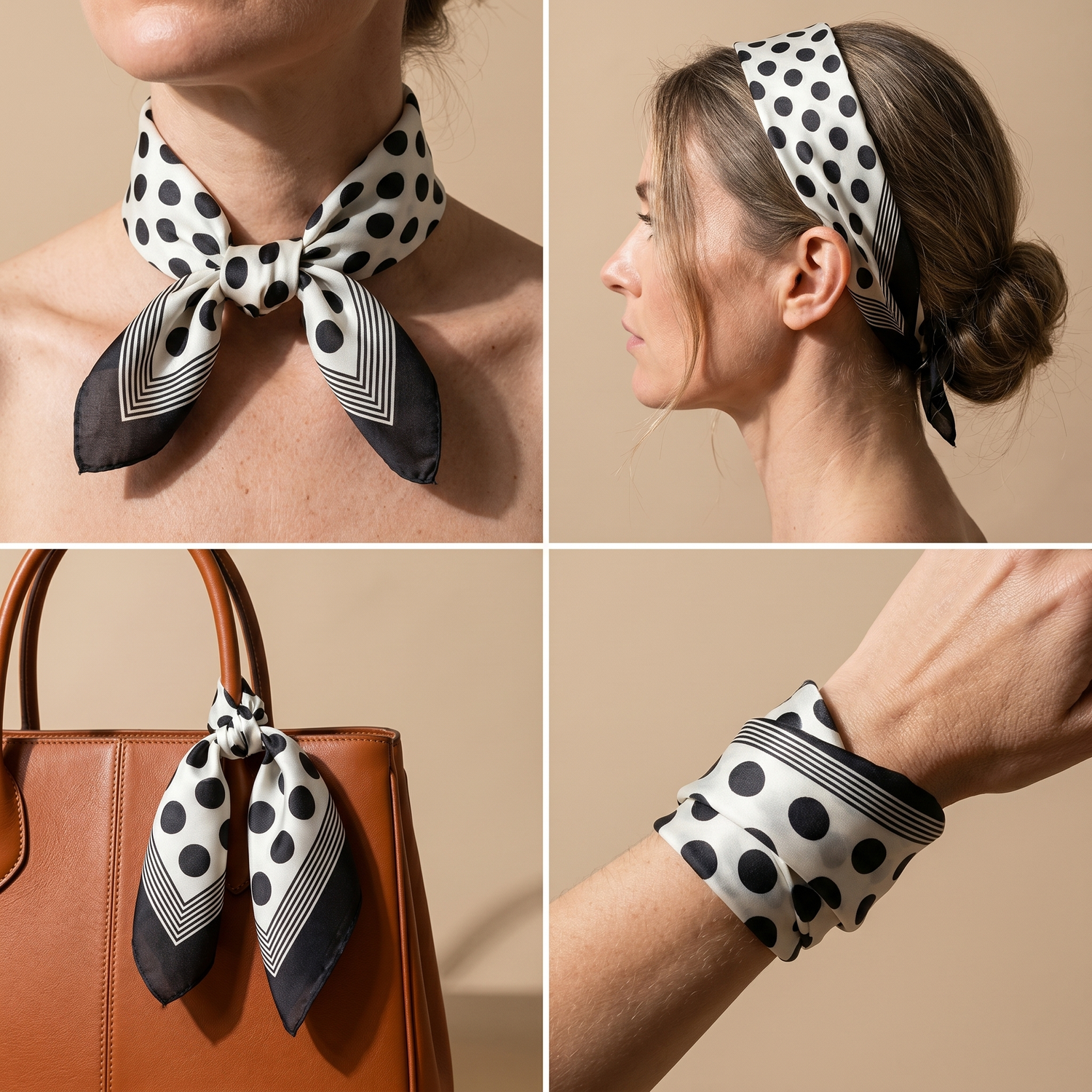 Roselys Paris foulard femme noir blanc géométrique carré satiné 70x70 cm, en bandeau dans les cheveux