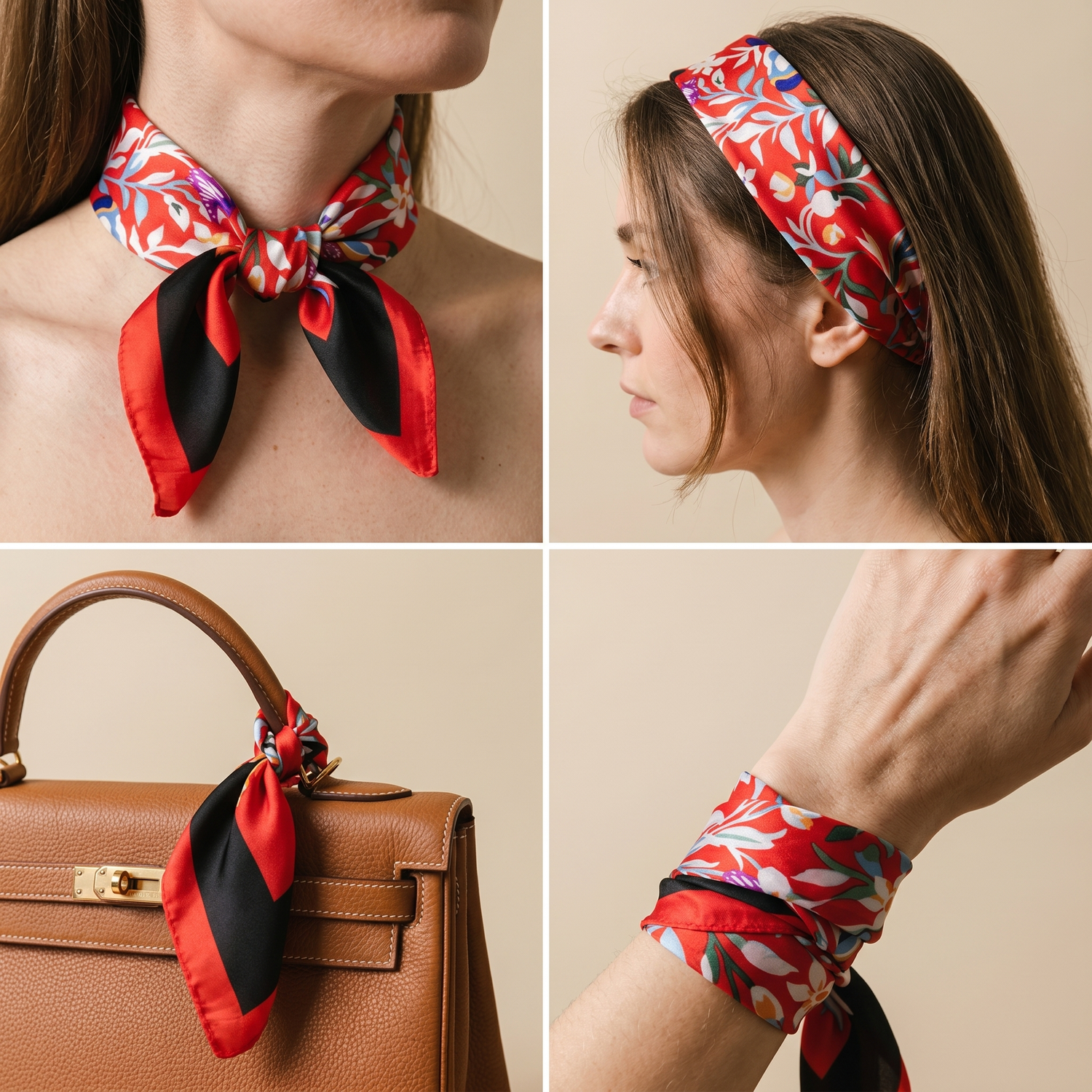 Roselys Paris foulard femme rouge crème fleuri carré satiné 70x70 cm, en bandeau dans les cheveux