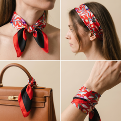 Roselys Paris foulard femme rouge crème fleuri carré satiné 70x70 cm, en bandeau dans les cheveux