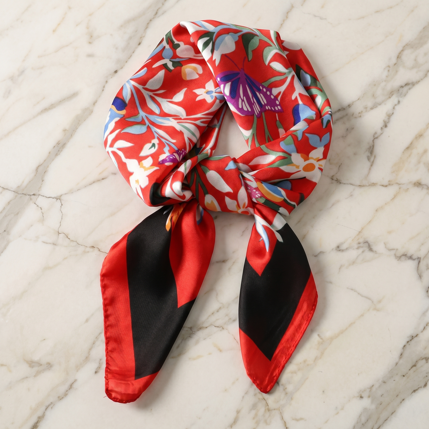 Roselys Paris foulard femme rouge crème fleuri carré satiné 70x70 cm