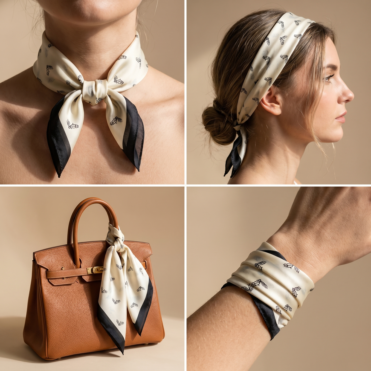 Roselys Paris foulard femme crème noir fleuri carré satiné 70x70 cm, en bandeau dans les cheveux