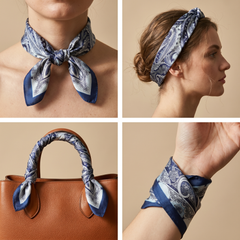 Roselys Paris foulard femme blanc marine paisley carré satiné 70x70 cm, en bandeau dans les cheveux