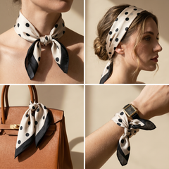 Roselys Paris foulard femme crème noir géométrique carré satiné 70x70 cm, en bandeau dans les cheveux