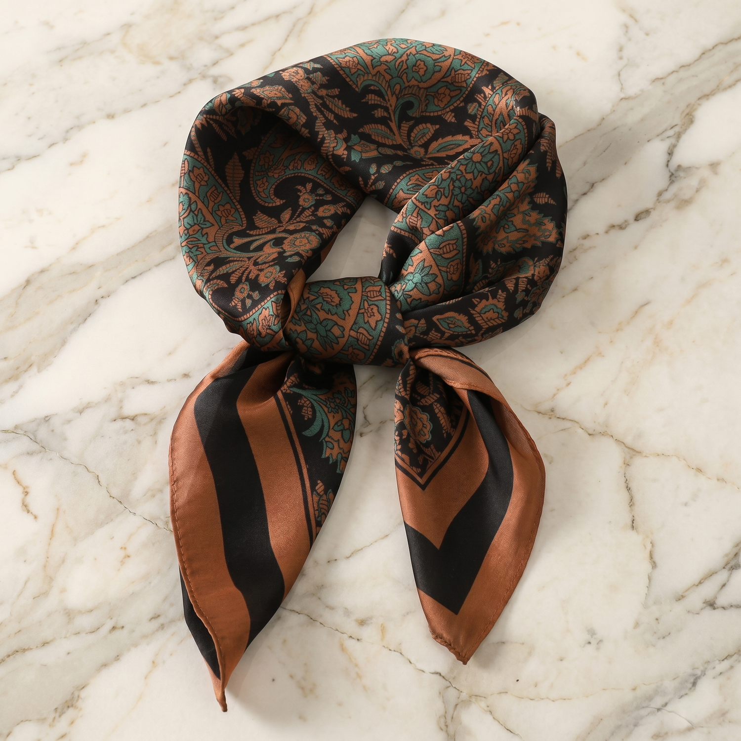 Roselys Paris foulard femme marron orange abstrait carré satiné 70x70 cm