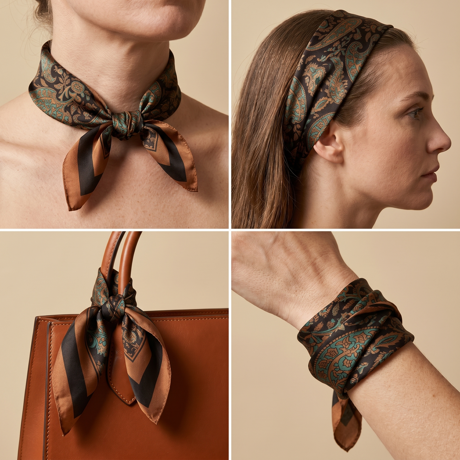 Roselys Paris foulard femme marron orange abstrait carré satiné 70x70 cm, en bandeau dans les cheveux