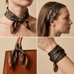 Roselys Paris foulard femme marron orange abstrait carré satiné 70x70 cm, en bandeau dans les cheveux