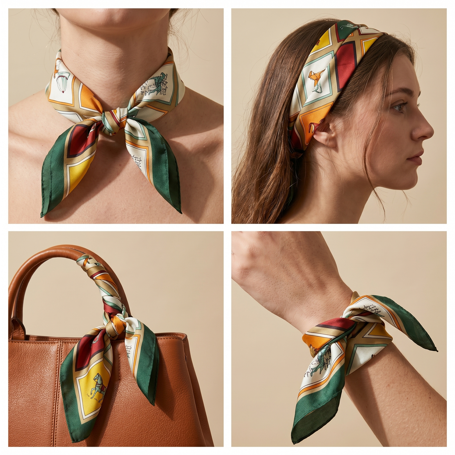 Roselys Paris foulard femme crème vert fleuri carré satiné 70x70 cm, en bandeau dans les cheveux