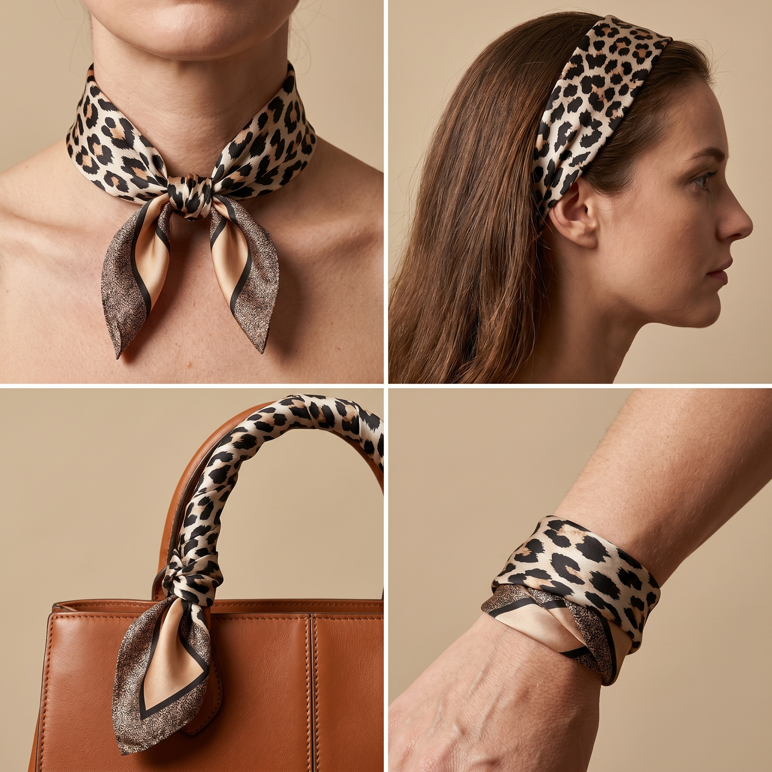 Roselys Paris foulard femme marron gris animalier carré satiné 70x70 cm, en bandeau dans les cheveux