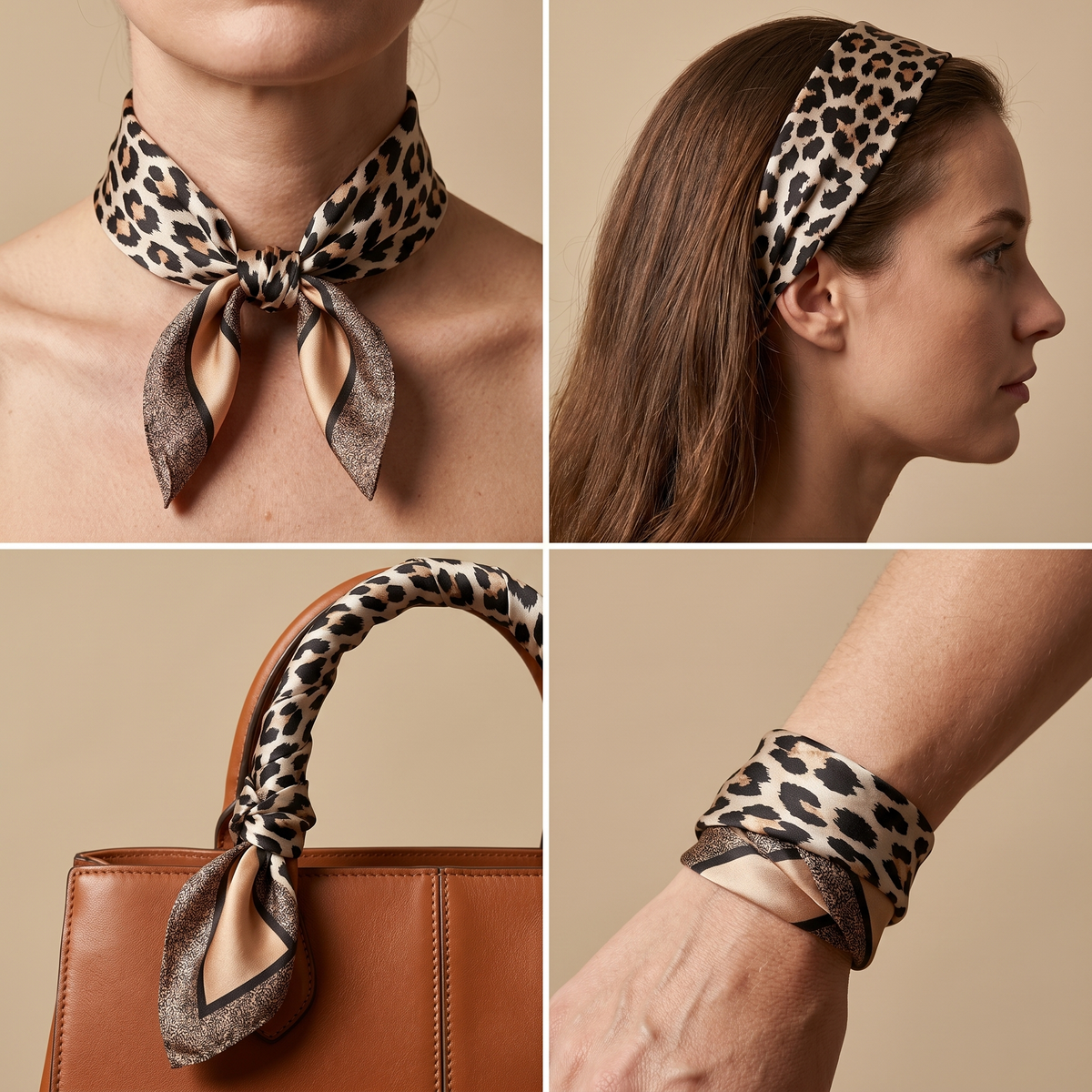 Roselys Paris foulard femme marron gris animalier carré satiné 70x70 cm, en bandeau dans les cheveux