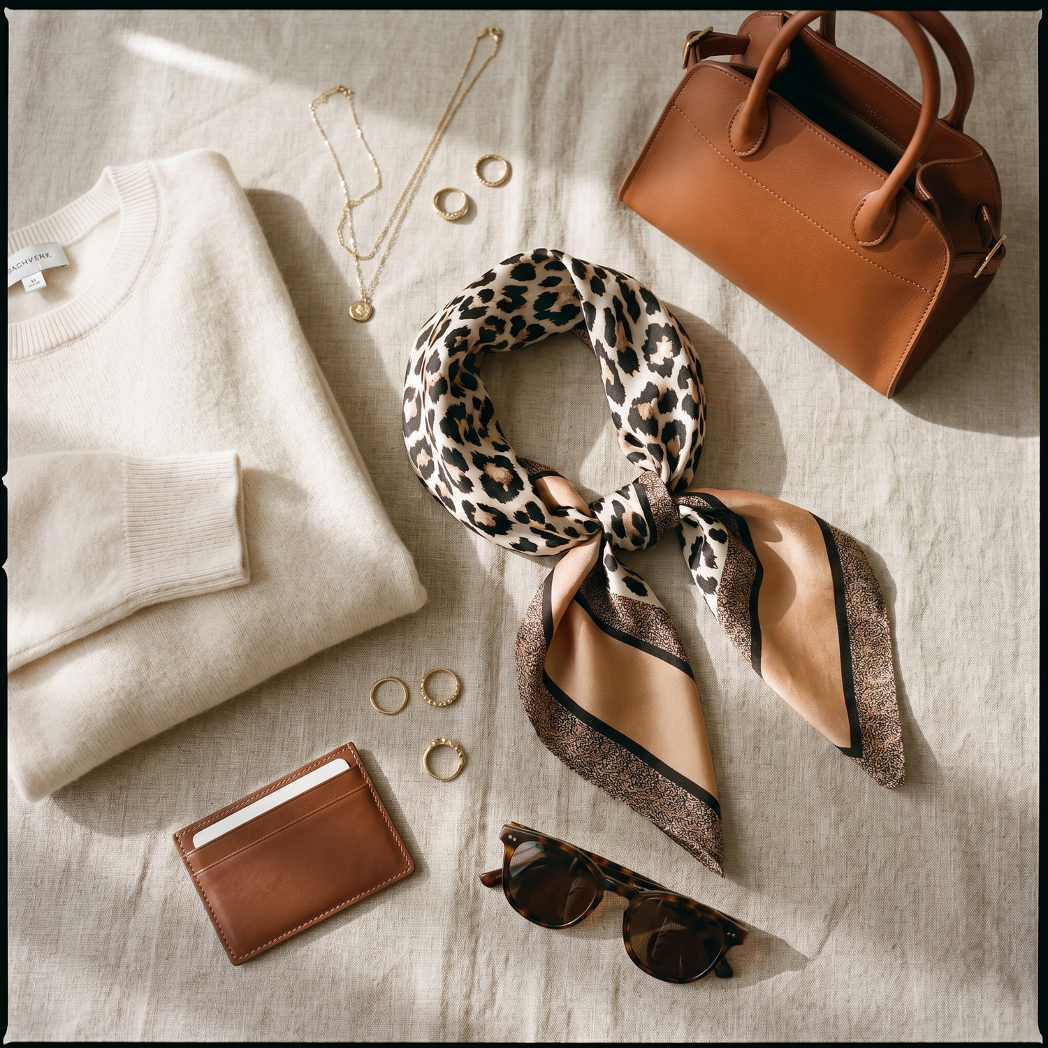 Roselys Paris foulard femme marron gris animalier carré satiné 70x70 cm, porté au cou