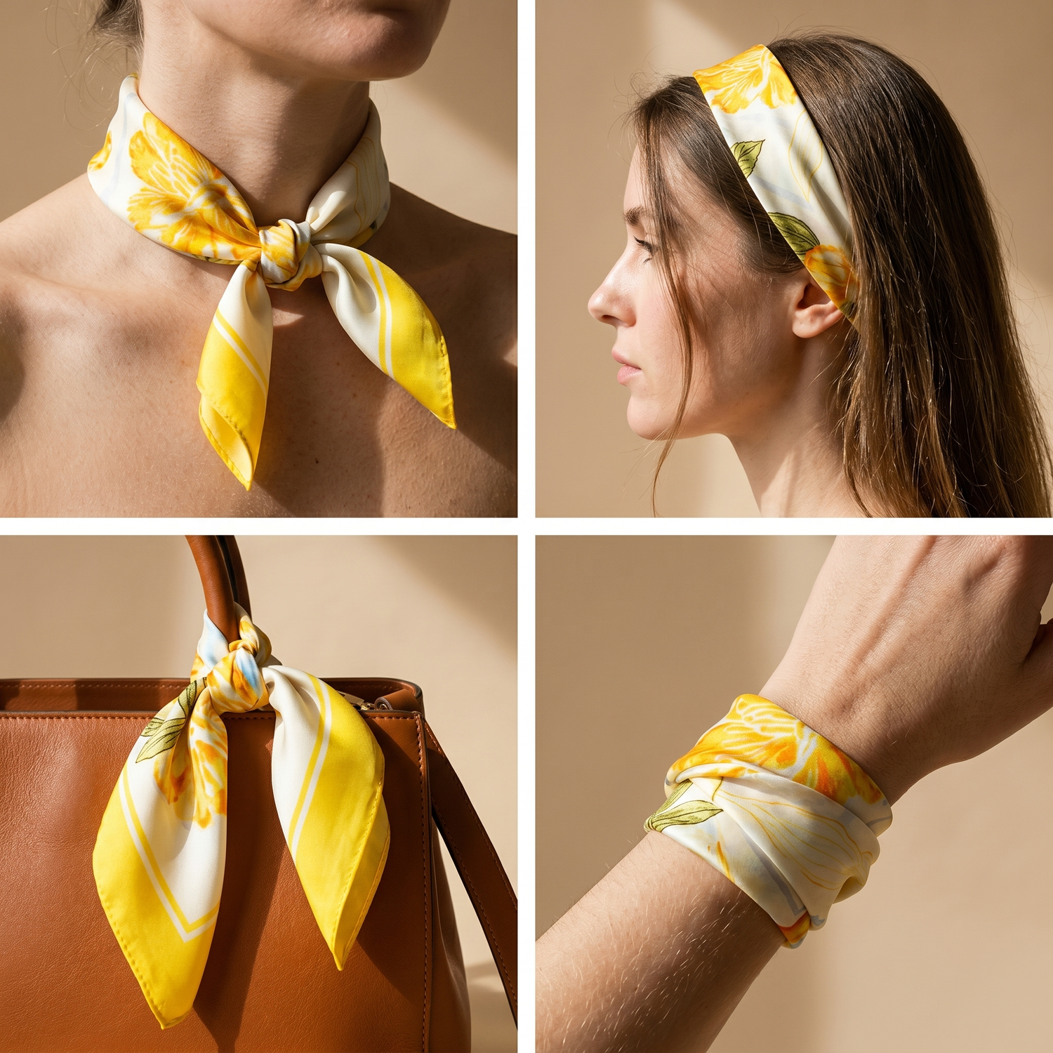Roselys Paris foulard femme jaune crème fleuri carré satiné 70x70 cm, en bandeau dans les cheveux