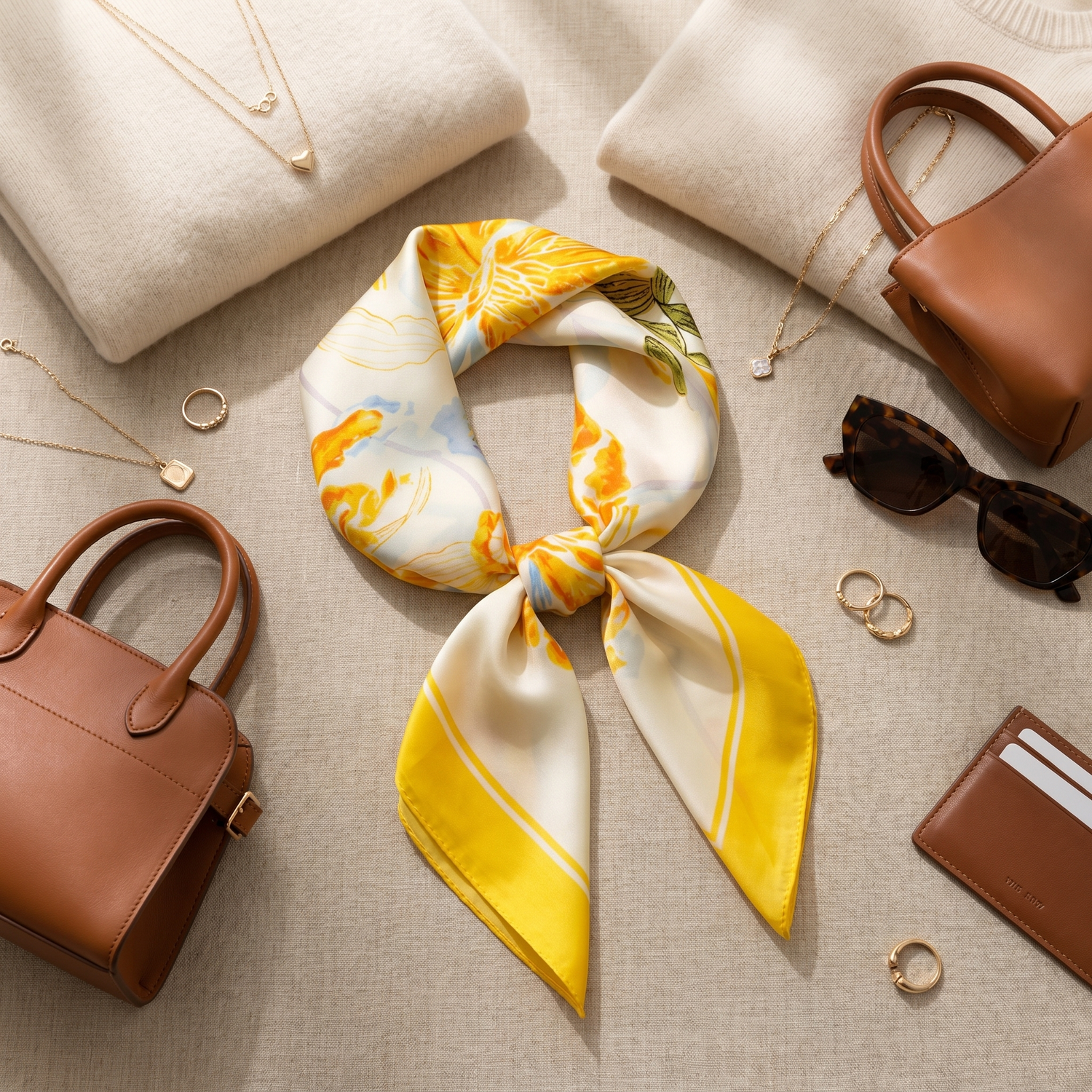 Roselys Paris foulard femme jaune crème fleuri carré satiné 70x70 cm, porté au cou