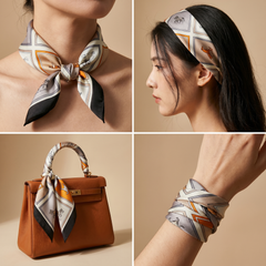 Roselys Paris foulard femme crème noir baroque carré satiné 70x70 cm, en bandeau dans les cheveux