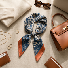 Roselys Paris foulard femme bleu orange paisley carré satiné 70x70 cm, porté au cou