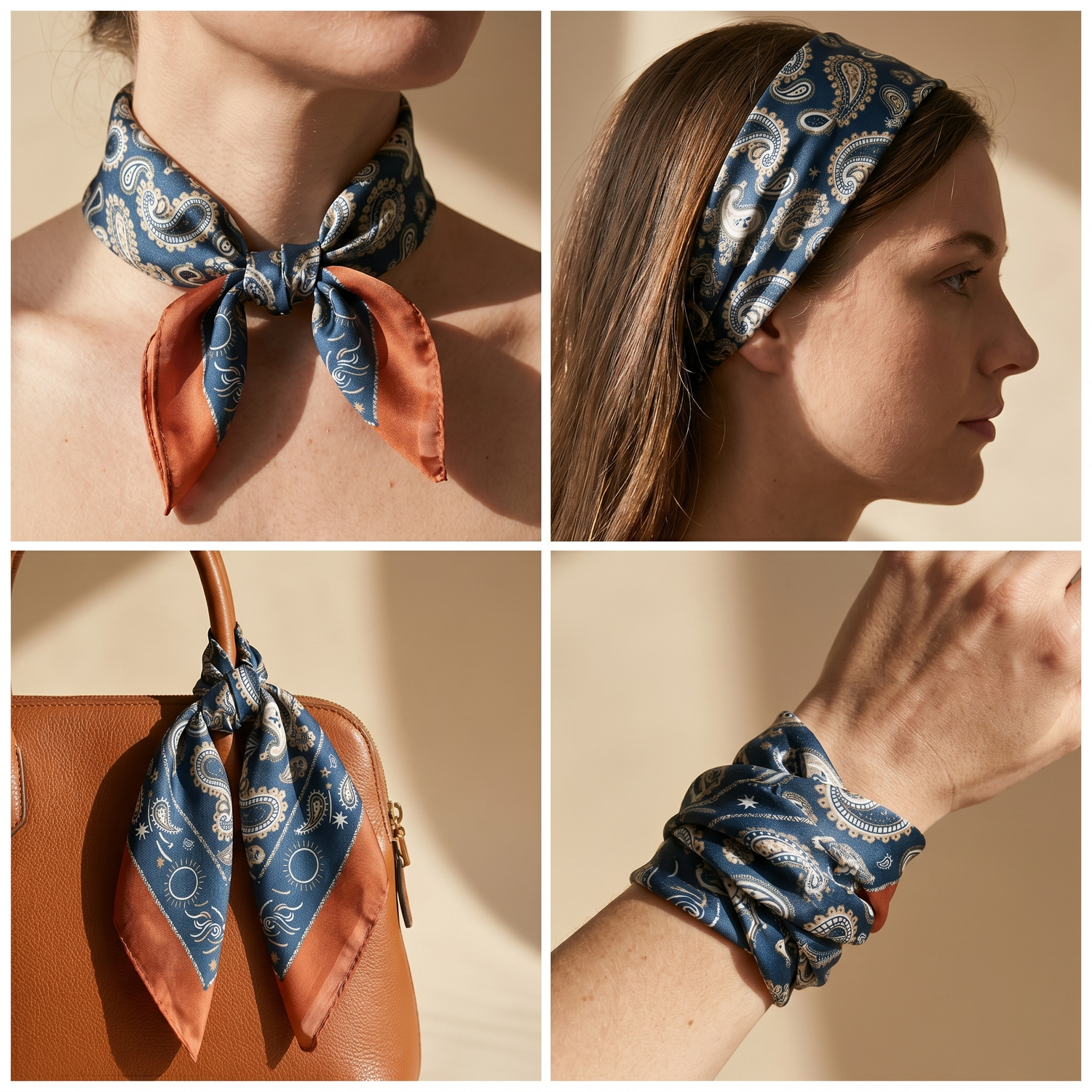 Roselys Paris foulard femme bleu orange paisley carré satiné 70x70 cm, en bandeau dans les cheveux