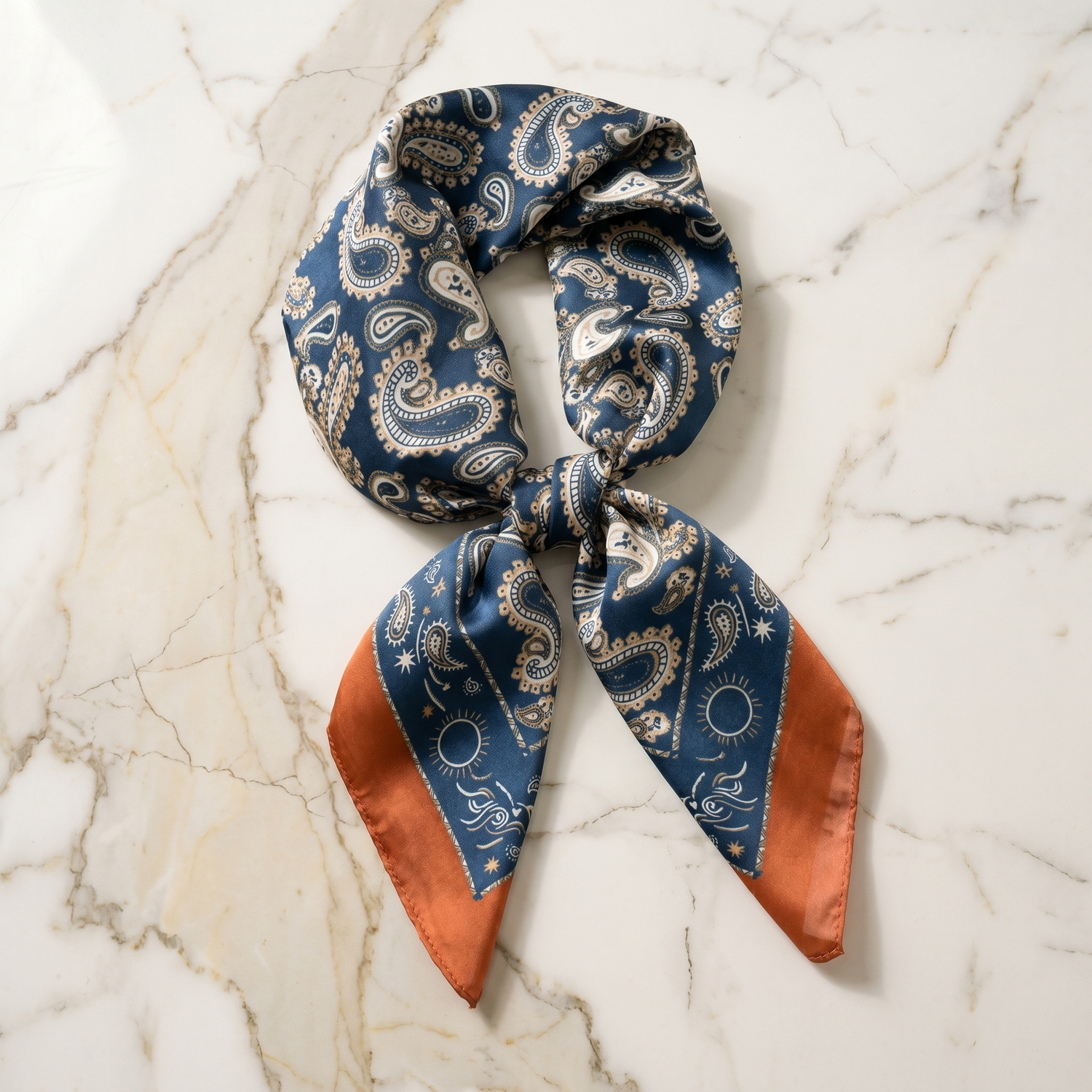 Roselys Paris foulard femme bleu orange paisley carré satiné 70x70 cm