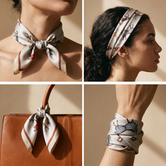Roselys Paris foulard femme crème rose fleuri carré satiné 70x70 cm, en bandeau dans les cheveux