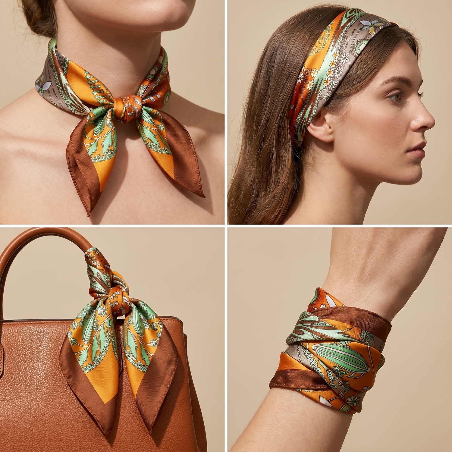 Roselys Paris foulard femme gris orange baroque carré satiné 70x70 cm, en bandeau dans les cheveux