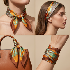 Roselys Paris foulard femme gris orange baroque carré satiné 70x70 cm, en bandeau dans les cheveux