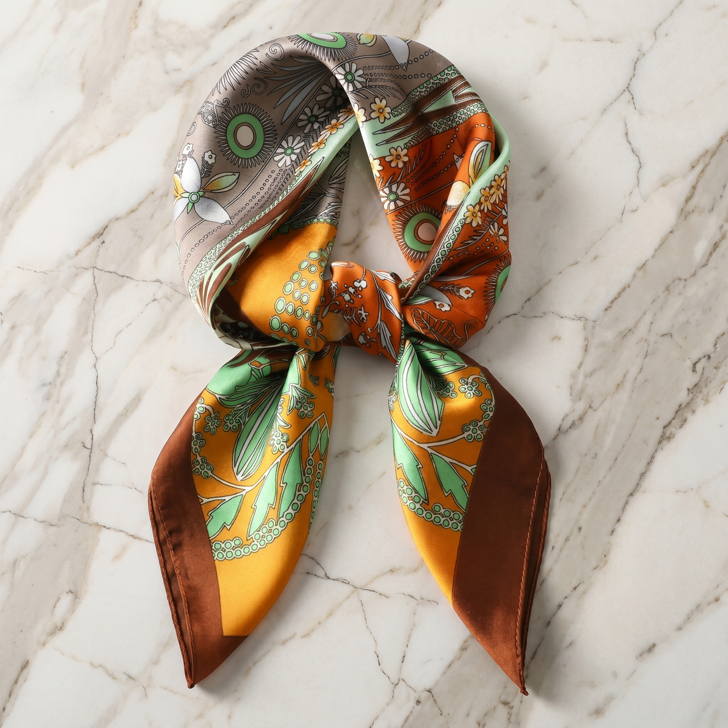 Roselys Paris foulard femme gris orange baroque carré satiné 70x70 cm
