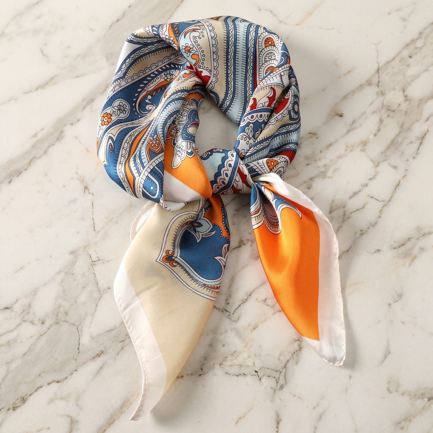 Roselys Paris foulard femme bleu orange fleuri carré satiné 70x70 cm