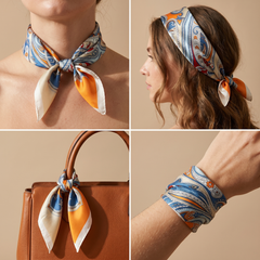 Roselys Paris foulard femme bleu orange fleuri carré satiné 70x70 cm, en bandeau dans les cheveux