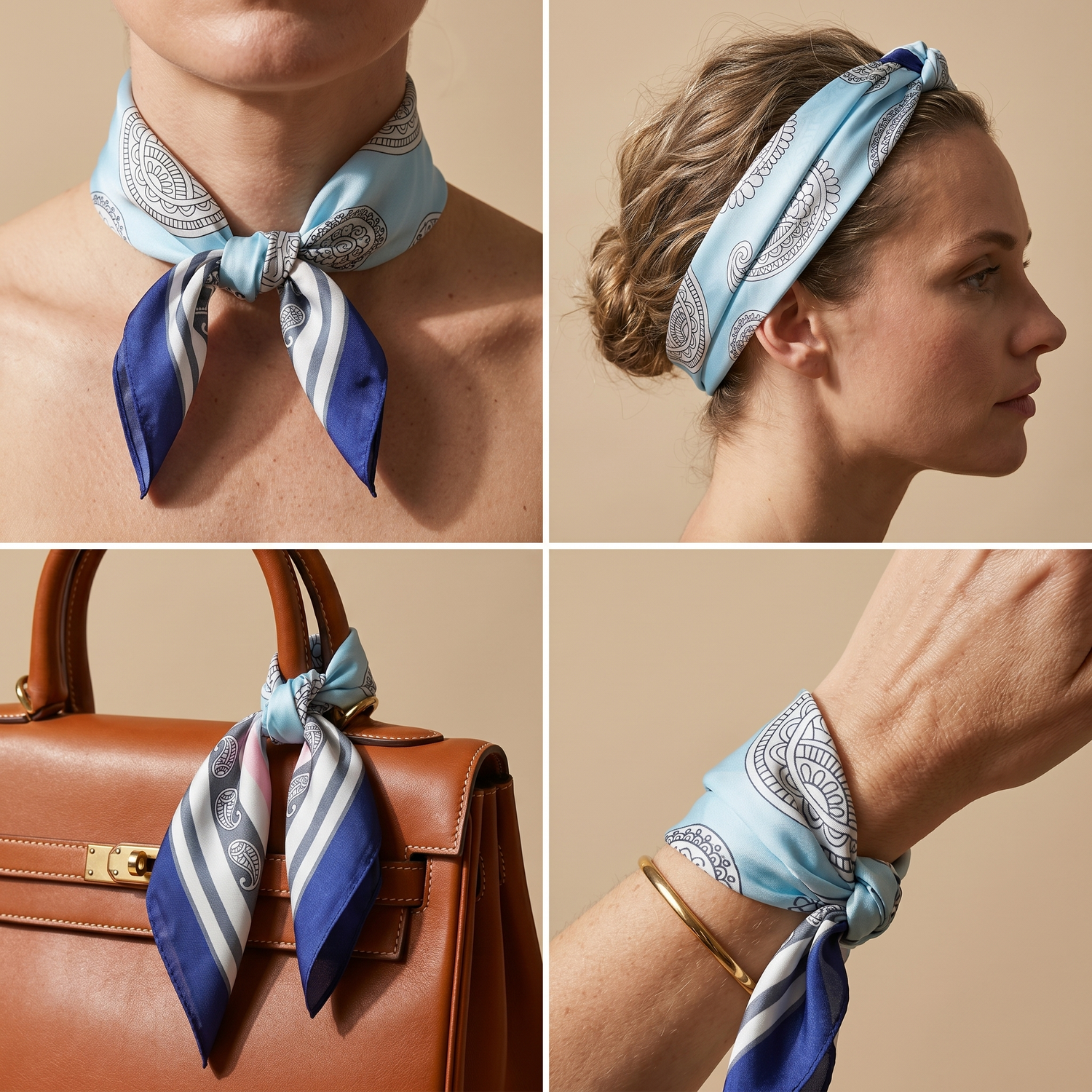 Roselys Paris foulard femme bleu ciel marine paisley carré satiné 70x70 cm, en bandeau dans les cheveux
