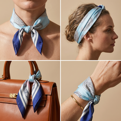 Roselys Paris foulard femme bleu ciel marine paisley carré satiné 70x70 cm, en bandeau dans les cheveux