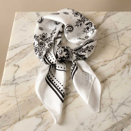 Roselys Paris foulard femme blanc noir baroque carré satiné 70x70 cm