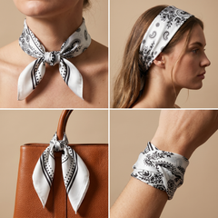 Roselys Paris foulard femme blanc noir baroque carré satiné 70x70 cm, en bandeau dans les cheveux