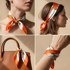 Roselys Paris foulard femme blanc orange abstrait carré satiné 70x70 cm, en bandeau dans les cheveux