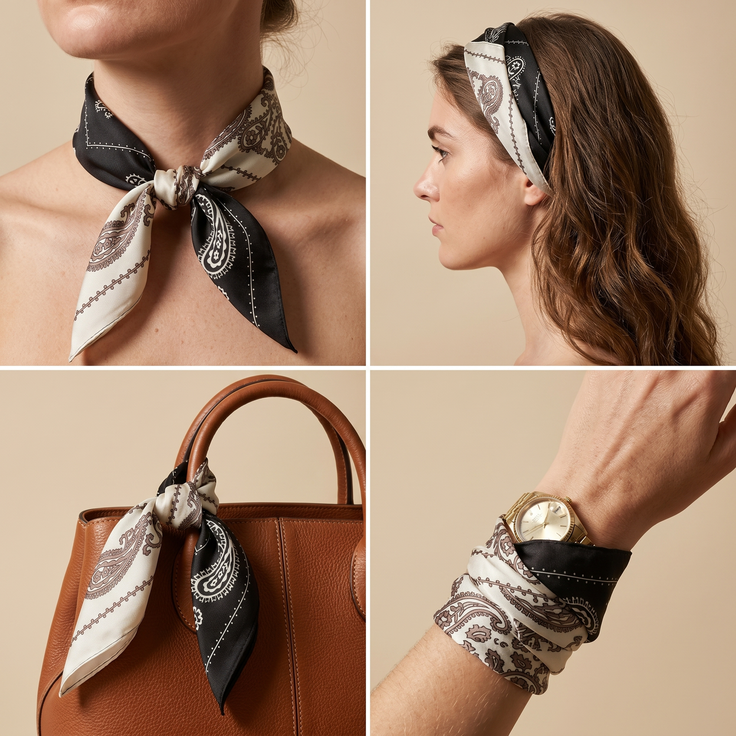 Roselys Paris foulard femme noir blanc paisley carré satiné 70x70 cm, en bandeau dans les cheveux