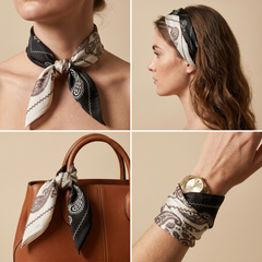 Roselys Paris foulard femme noir blanc paisley carré satiné 70x70 cm, en bandeau dans les cheveux