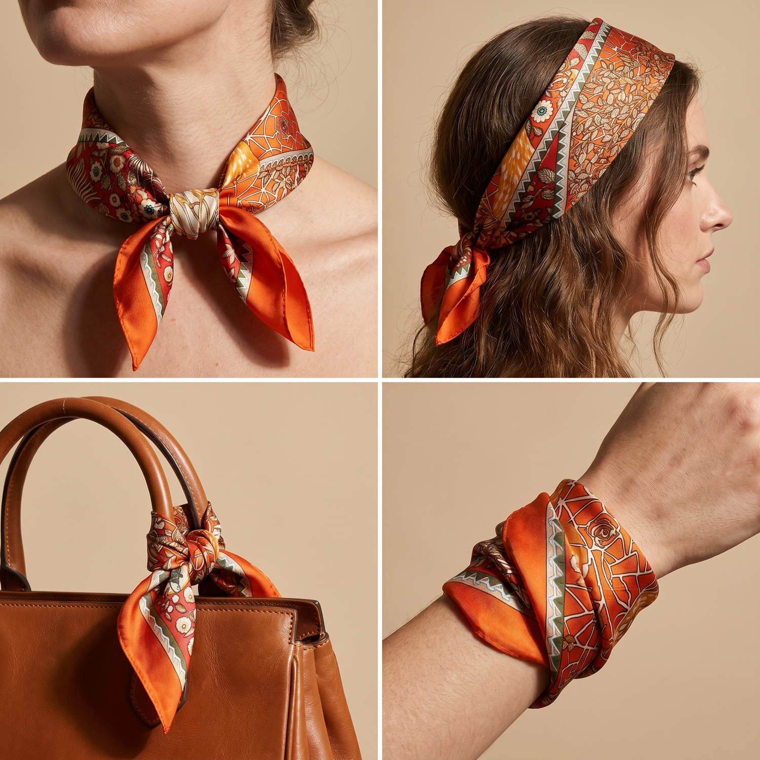 Roselys Paris foulard femme crème orange paisley carré satiné 70x70 cm, en bandeau dans les cheveux