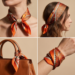 Roselys Paris foulard femme crème orange paisley carré satiné 70x70 cm, en bandeau dans les cheveux