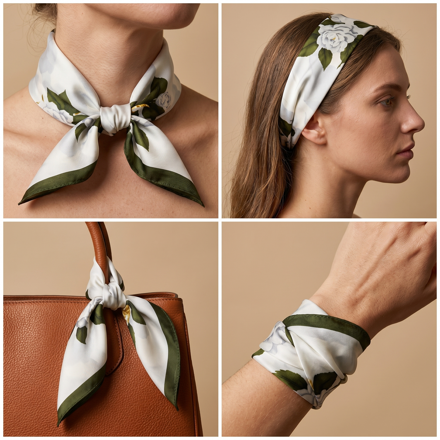 Roselys Paris foulard femme blanc vert fleuri carré satiné 70x70 cm, en bandeau dans les cheveux