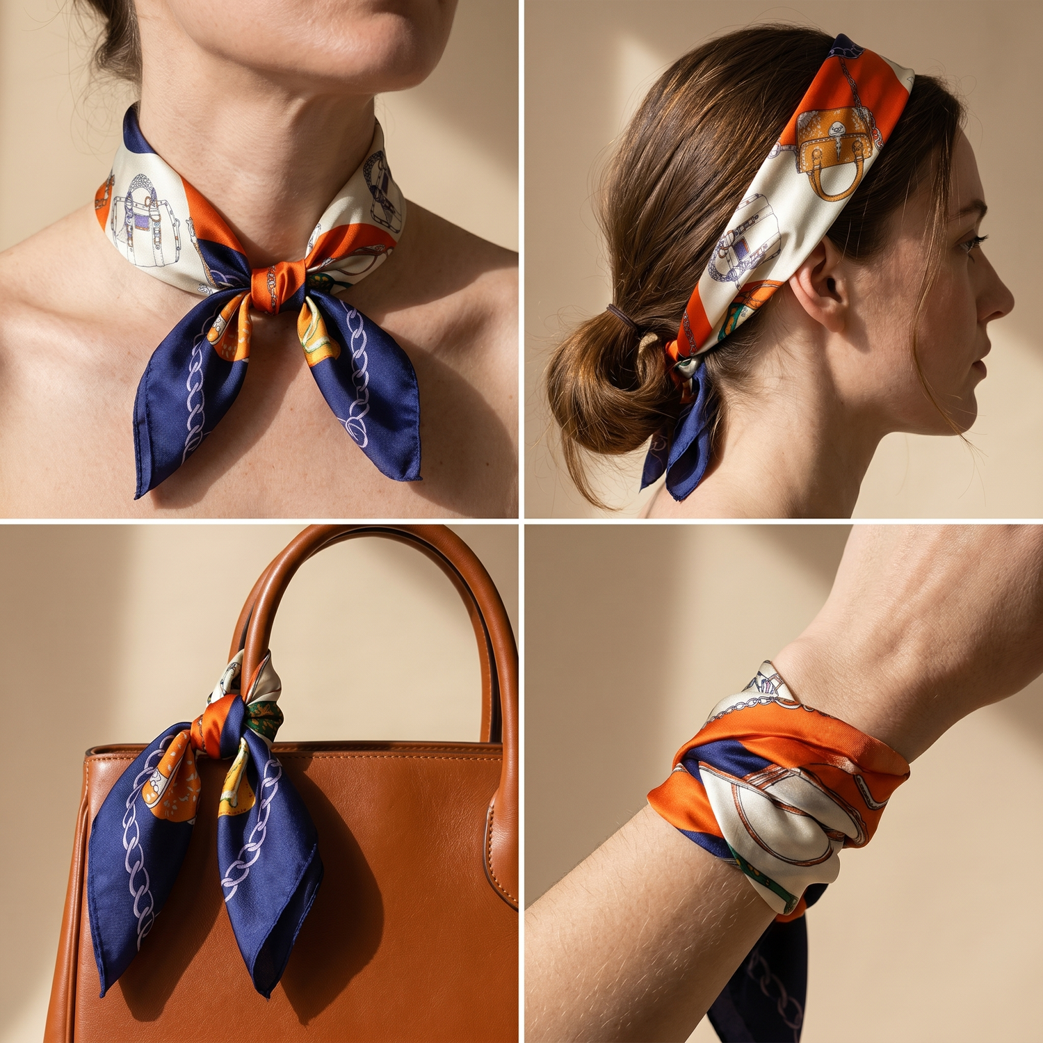 Roselys Paris foulard femme crème orange baroque carré satiné 70x70 cm, en bandeau dans les cheveux