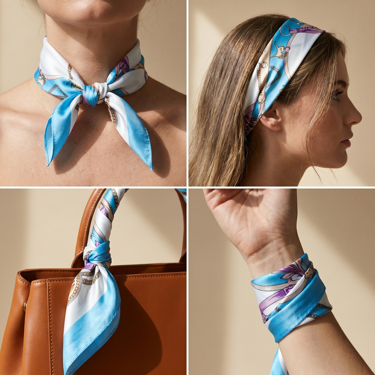 Roselys Paris foulard femme bleu ciel blanc fleuri carré satiné 70x70 cm, en bandeau dans les cheveux