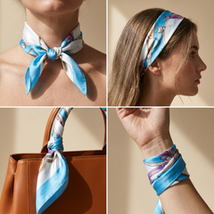 Roselys Paris foulard femme bleu ciel blanc fleuri carré satiné 70x70 cm, en bandeau dans les cheveux