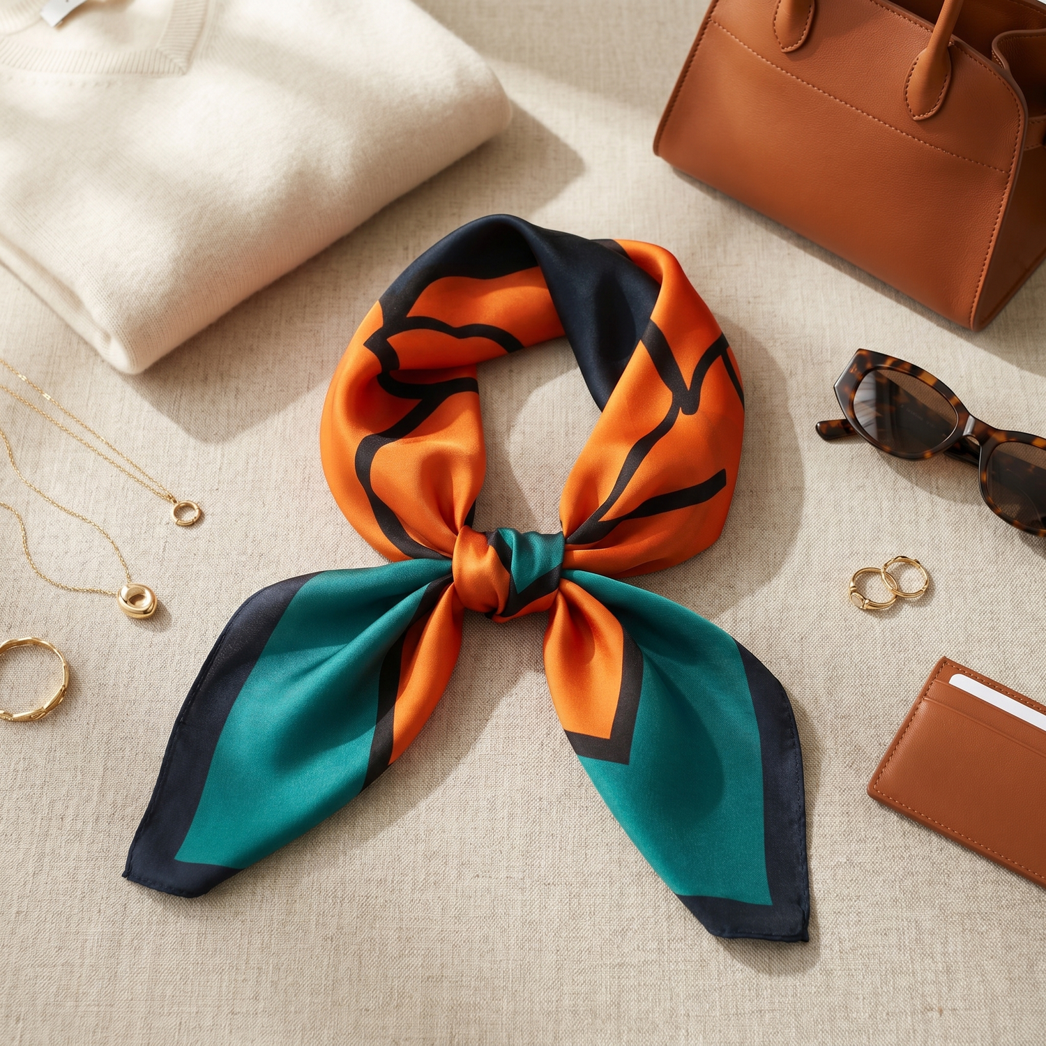 Roselys Paris foulard femme orange marine abstrait carré satiné 70x70 cm, porté au cou