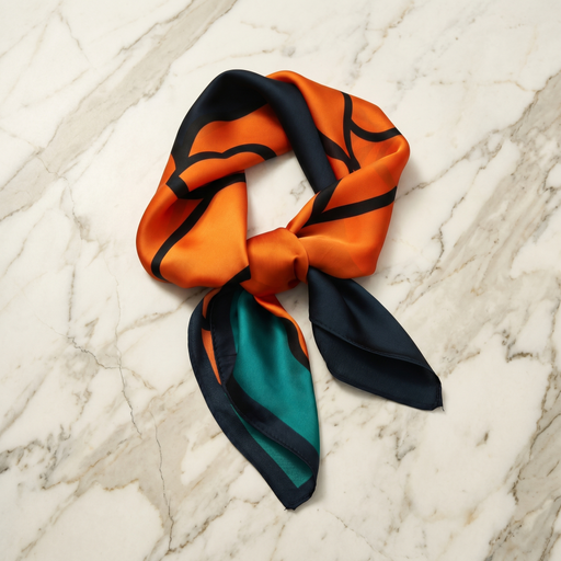Roselys Paris foulard femme orange marine abstrait carré satiné 70x70 cm