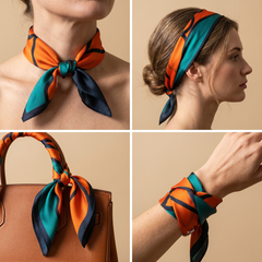 Roselys Paris foulard femme orange marine abstrait carré satiné 70x70 cm, en bandeau dans les cheveux
