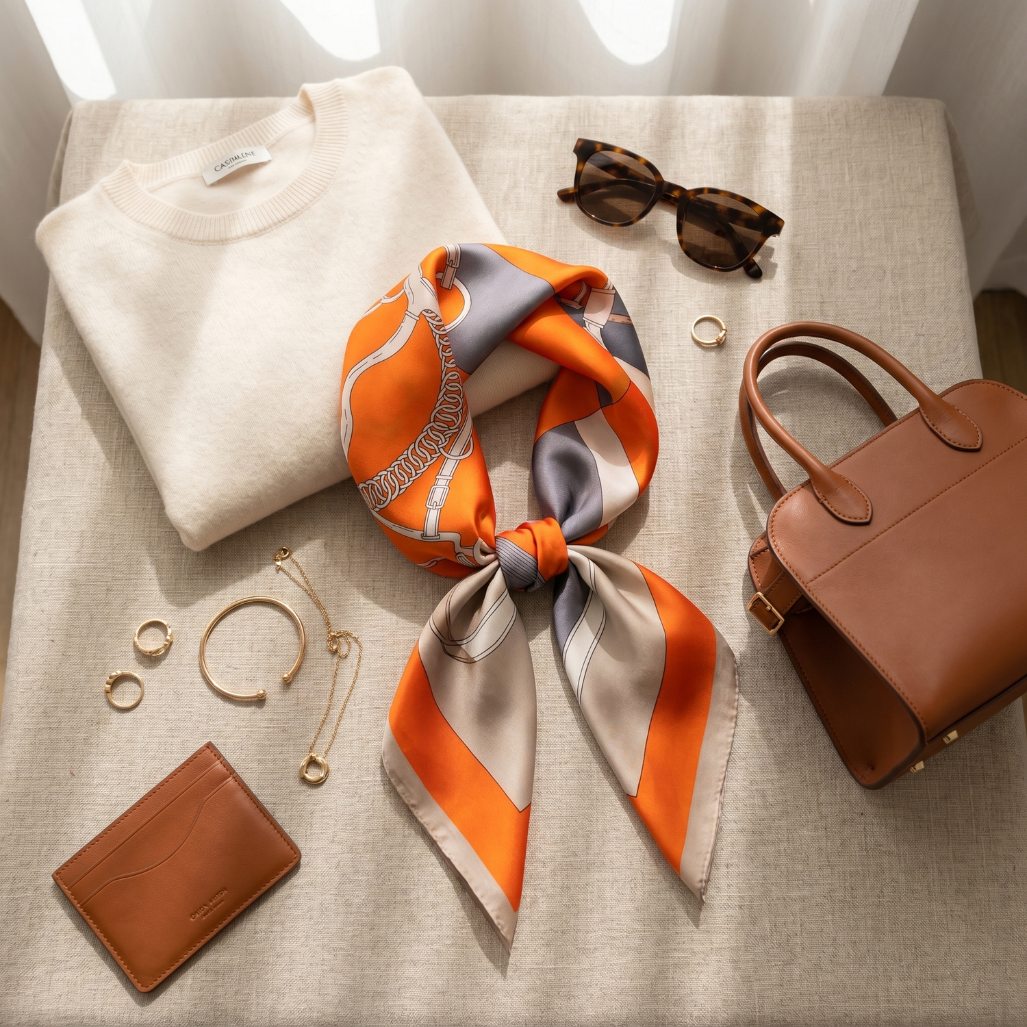 Roselys Paris foulard femme marine orange abstrait carré satiné 70x70 cm, porté au cou