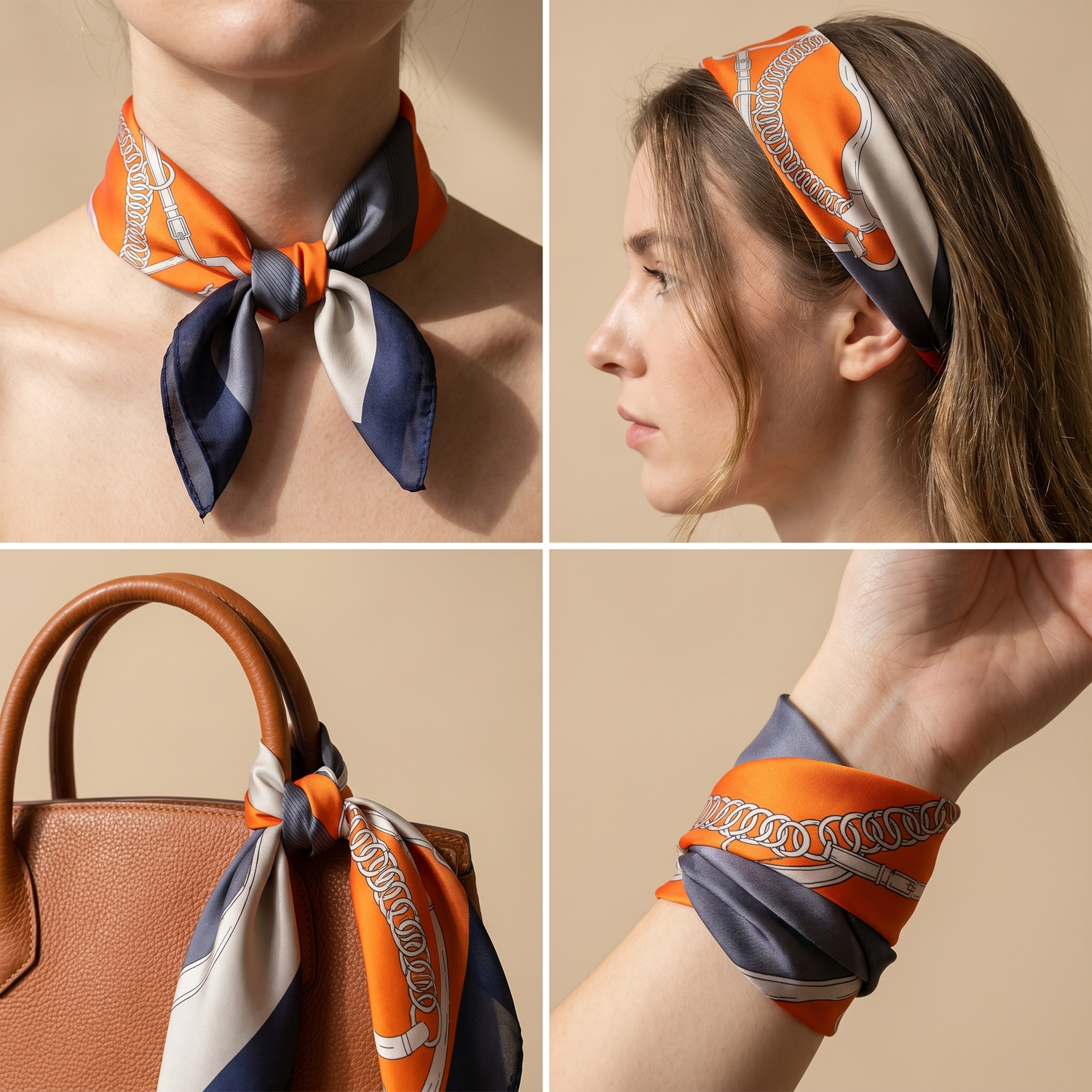 Roselys Paris foulard femme marine orange abstrait carré satiné 70x70 cm, en bandeau dans les cheveux