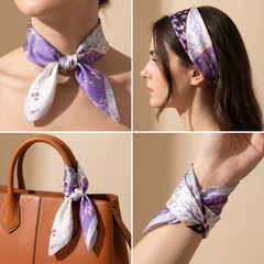 Roselys Paris foulard femme blanc violet fleuri carré satiné 70x70 cm, en bandeau dans les cheveux