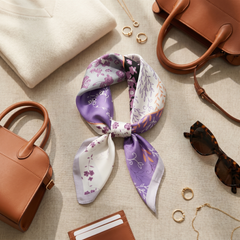 Roselys Paris foulard femme blanc violet fleuri carré satiné 70x70 cm, porté au cou