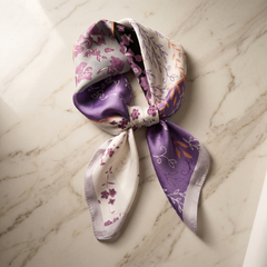 Roselys Paris foulard femme blanc violet fleuri carré satiné 70x70 cm