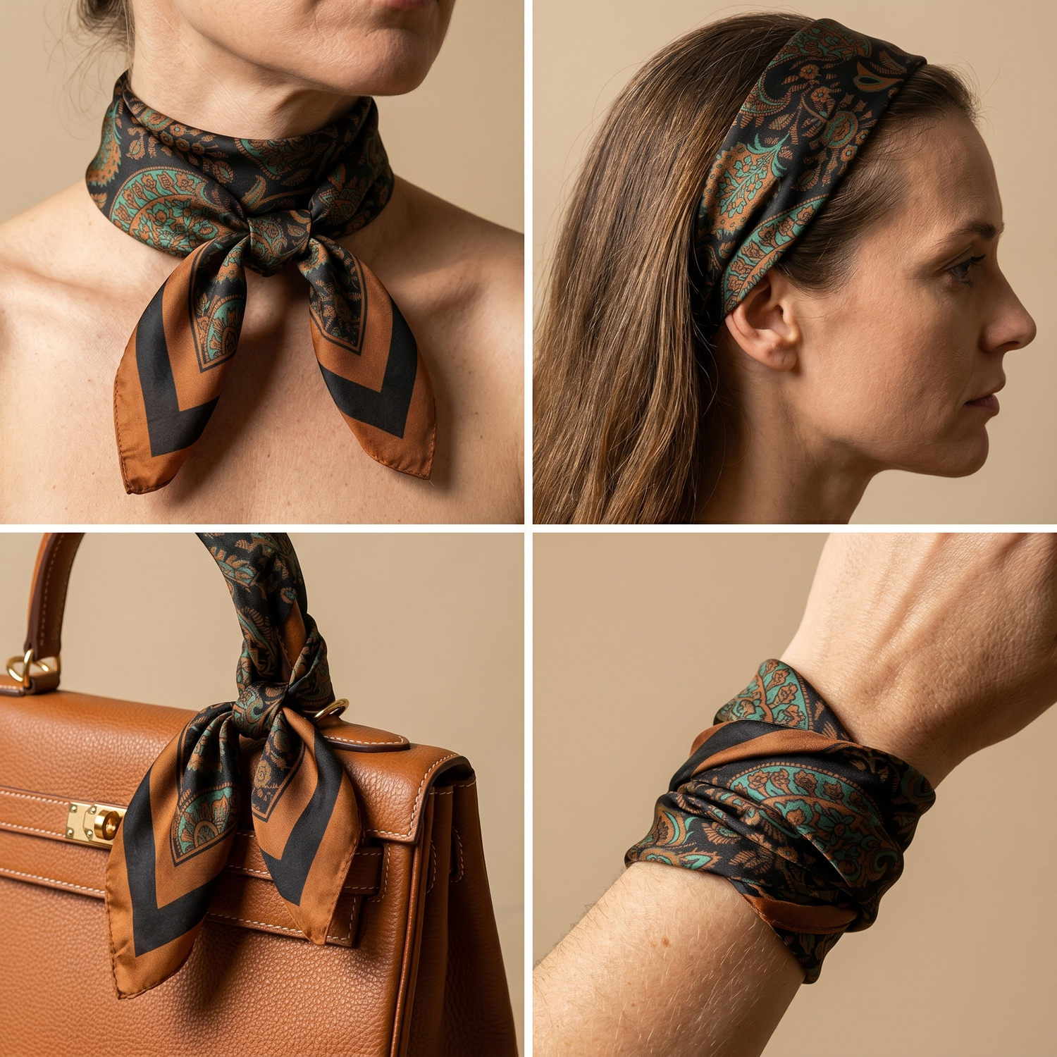 Roselys Paris foulard femme vert marron animalier carré satiné 70x70 cm, en bandeau dans les cheveux