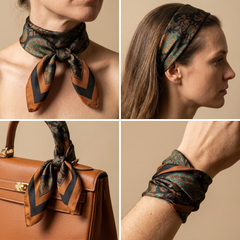 Roselys Paris foulard femme vert marron animalier carré satiné 70x70 cm, en bandeau dans les cheveux